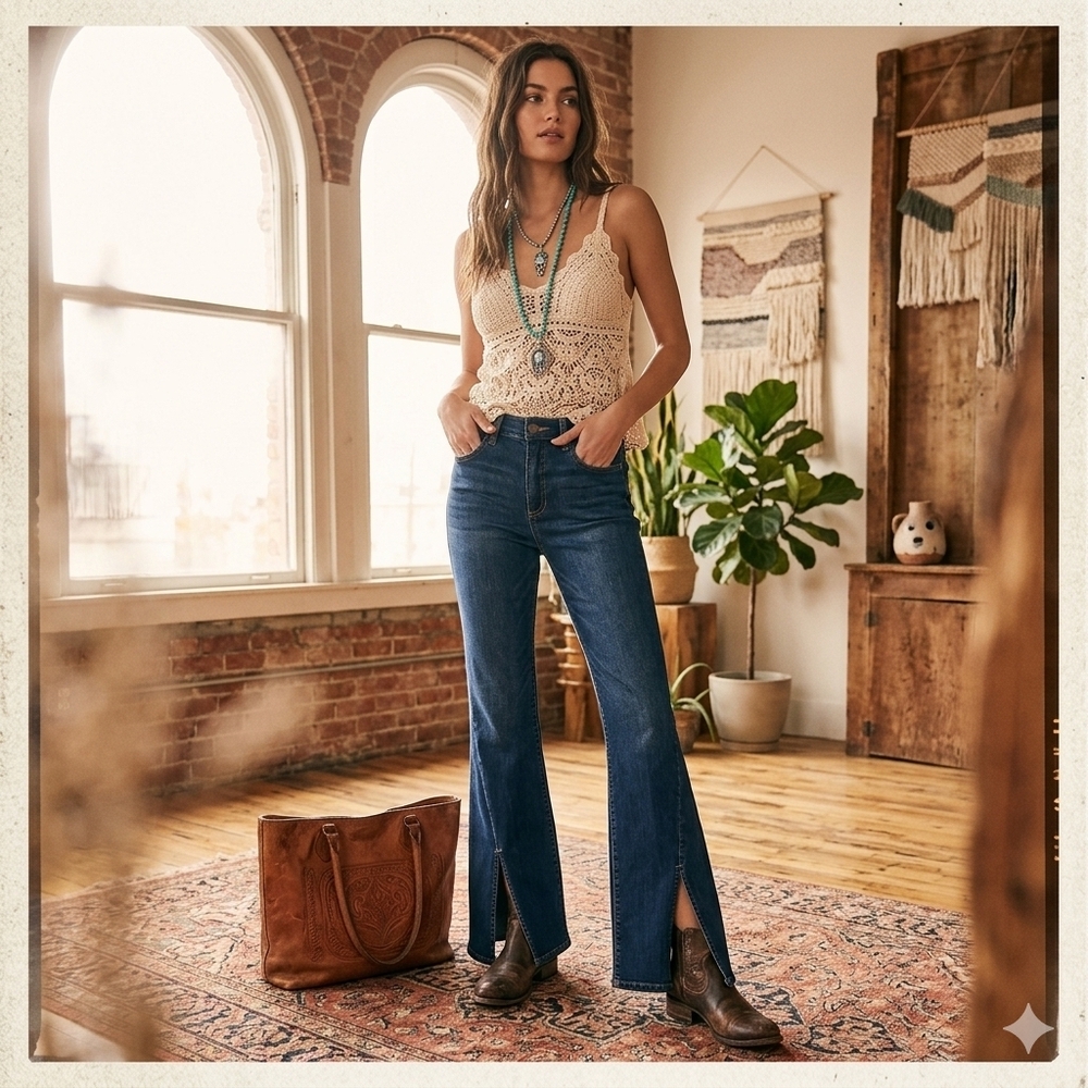 Sneak Peek Dark Wash Boho Flare Jeans with Side Slit & High Waist 26‎